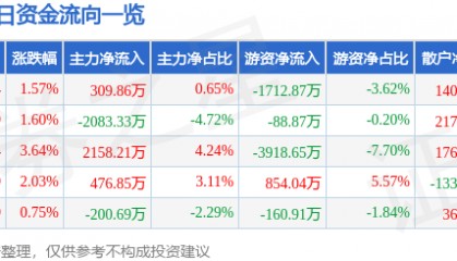 股票行情快报：华金资本（000532）7月11日主力资金净买入309.86万元