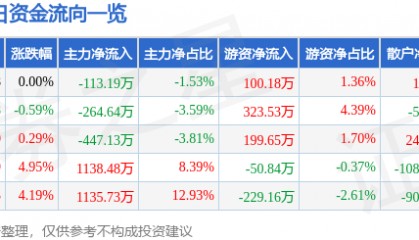 股票行情快报：*ST银江（300020）3月31日主力资金净卖出113.19万元