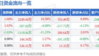 股票行情快报：华金资本（000532）8月12日主力资金净买入2249.44万元