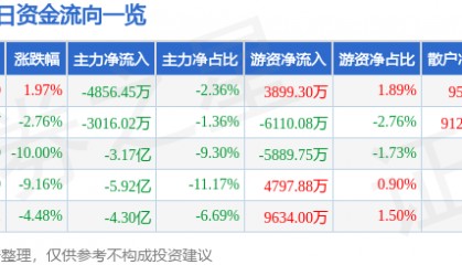 股票行情快报：云赛智联（600602）3月4日主力资金净卖出4856.45万元