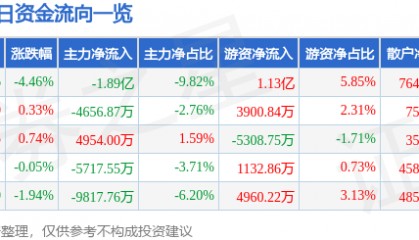 股票行情快报：中微公司（688012）12月31日主力资金净卖出1.89亿元