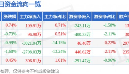 股票行情快报：北方国际（000065）7月17日主力资金净买入109.91万元