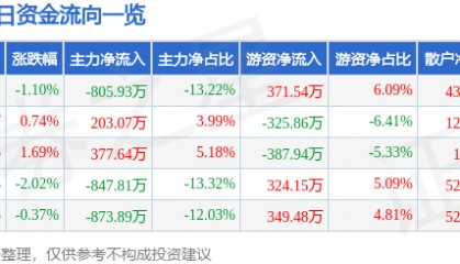 股票行情快报：辉隆股份（002556）3月5日主力资金净卖出805.93万元
