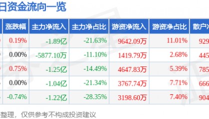 股票行情快报：广汇能源（600256）8月25日主力资金净卖出1.89亿元
