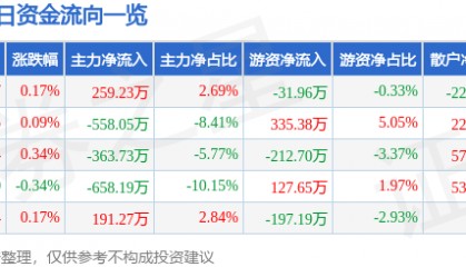 股票行情快报：黄山旅游（600054）7月9日主力资金净买入259.23万元