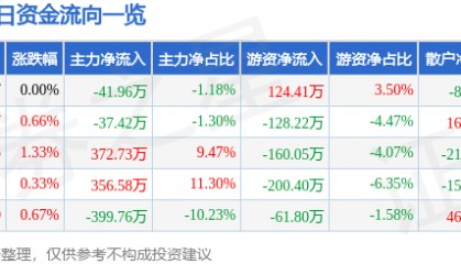 股票行情快报：合兴包装（002228）2月11日主力资金净卖出41.96万元