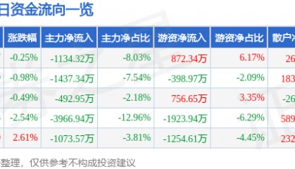 股票行情快报：四川金顶（600678）2月13日主力资金净卖出1134.32万元