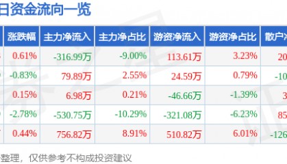 股票行情快报：海量数据（603138）4月29日主力资金净卖出316.99万元