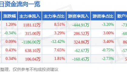 股票行情快报：黄山旅游（600054）7月24日主力资金净买入1181.12万元
