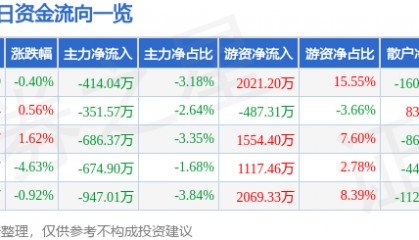 股票行情快报：伟星股份（002003）12月9日主力资金净卖出414.04万元