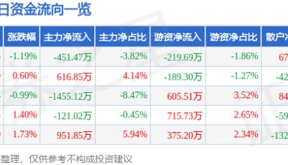 股票行情快报：建新股份（300107）12月30日主力资金净卖出451.47万元