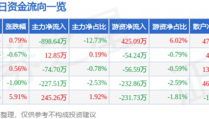 股票行情快报：建新股份（300107）1月20日主力资金净卖出898.64万元