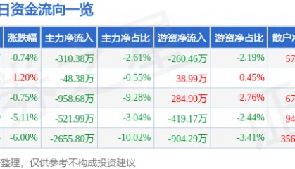 股票行情快报：山河智能（002097）1月8日主力资金净卖出310.38万元