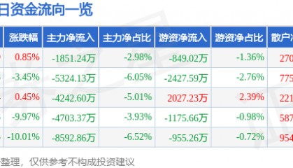 股票行情快报：云赛智联（600602）1月9日主力资金净卖出1851.24万元
