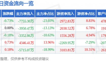 股票行情快报：广汇能源（600256）8月13日主力资金净卖出7755.30万元
