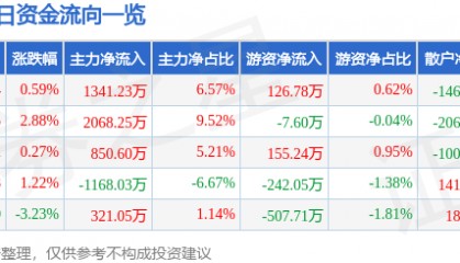 股票行情快报：海量数据（603138）7月11日主力资金净买入1341.23万元