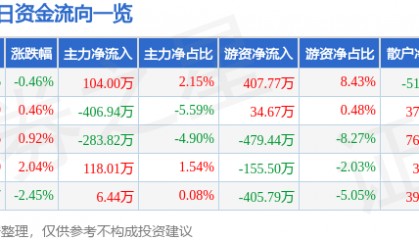 股票行情快报：国电南自（600268）1月9日主力资金净买入104.00万元