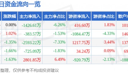 股票行情快报：钒钛股份（000629）10月22日主力资金净卖出1426.61万元