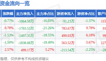 股票行情快报：ST银江（300020）6月5日主力资金净卖出1064.58万元