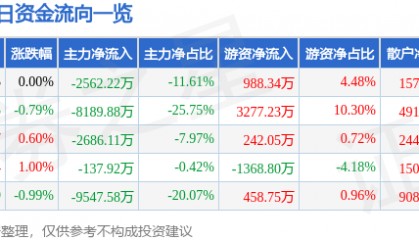 股票行情快报：广汇能源（600256）9月10日主力资金净卖出2562.22万元