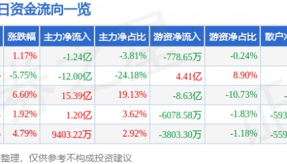 股票行情快报：利欧股份（002131）3月11日主力资金净卖出1.24亿元