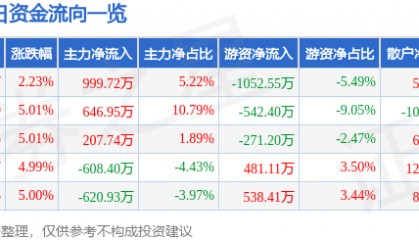 股票行情快报：*ST宇顺（002289）8月11日主力资金净买入999.72万元