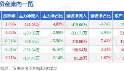 股票行情快报：甘咨询（000779）8月11日主力资金净买入541.08万元