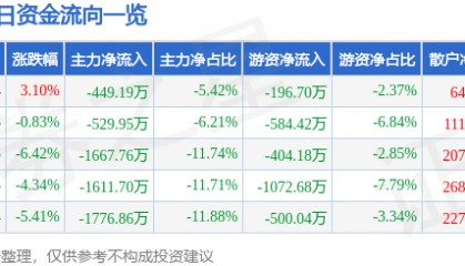 股票行情快报：建新股份（300107）1月7日主力资金净卖出449.19万元