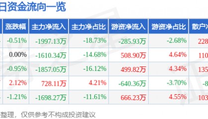股票行情快报：华金资本（000532）7月29日主力资金净卖出1997.13万元