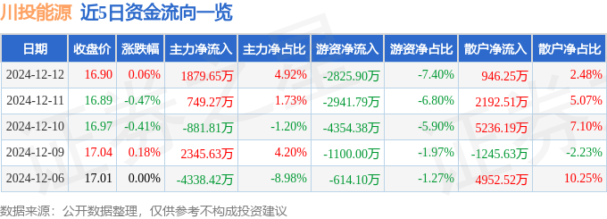 股票行情快报：川投能源（600674）12月12日主力资金净买入1879.65万元