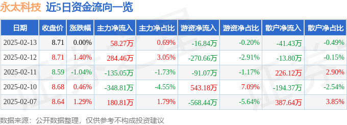股票行情快报：永太科技（002326）2月13日主力资金净买入58.27万元
