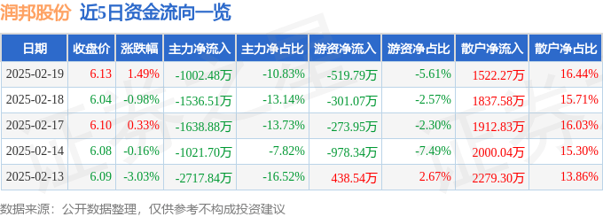 股票行情快报：润邦股份（002483）2月19日主力资金净卖出1002.48万元