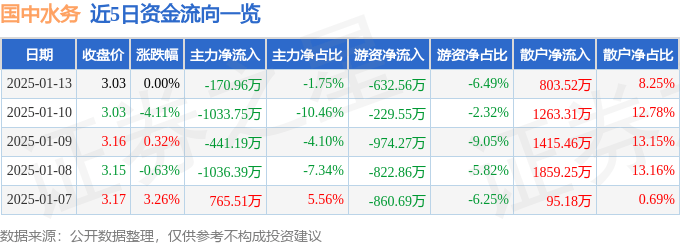 股票行情快报：国中水务（600187）1月13日主力资金净卖出170.96万元
