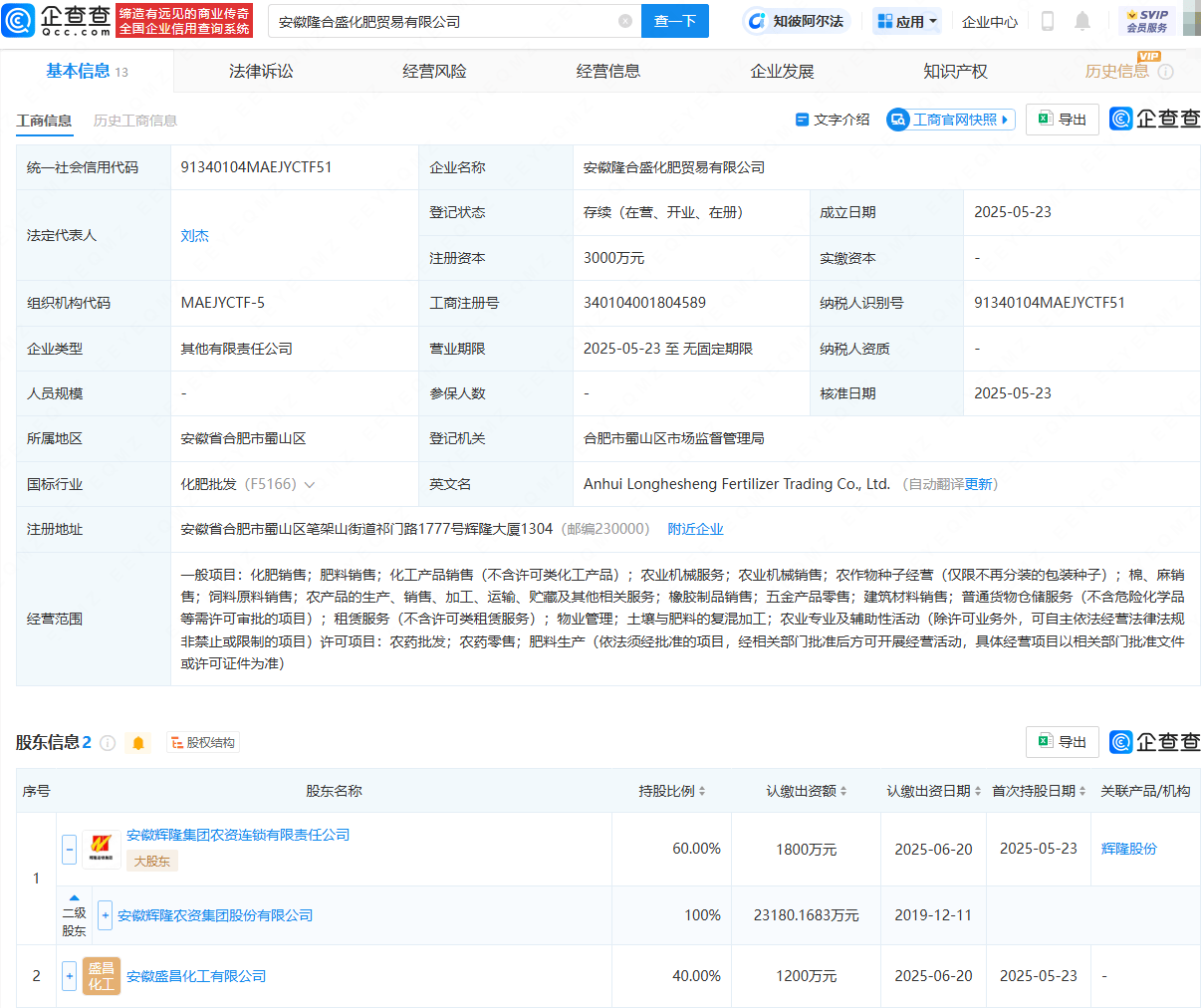辉隆股份等成立化肥贸易公司，注册资本3000万