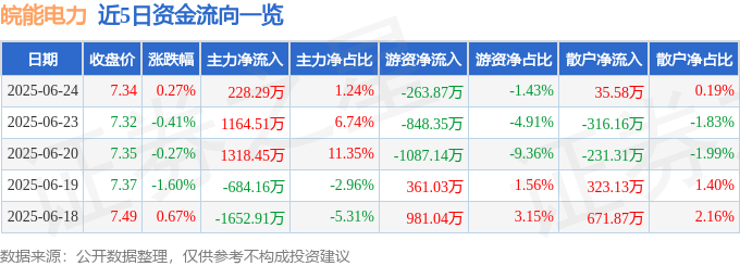 股票行情快报：皖能电力（000543）6月24日主力资金净买入228.29万元