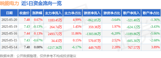 股票行情快报：皖能电力（000543）5月20日主力资金净买入1183.45万元