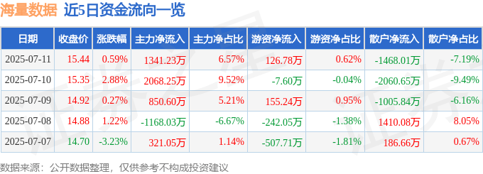 股票行情快报：海量数据（603138）7月11日主力资金净买入1341.23万元