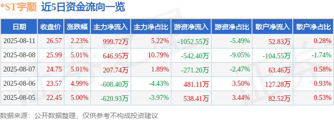 股票行情快报:*ST宇顺(002289)8月11日主力资金净买入999.72万元