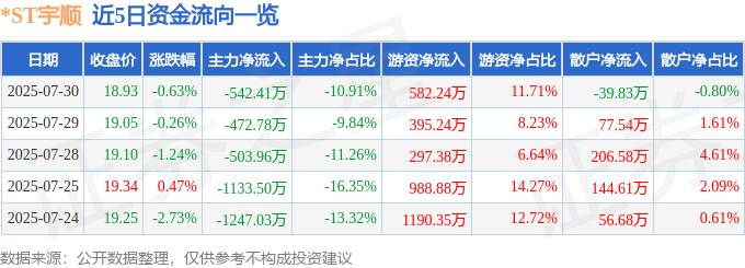 股票行情快报:*ST宇顺(002289)7月30日主力资金净卖出542.41万元